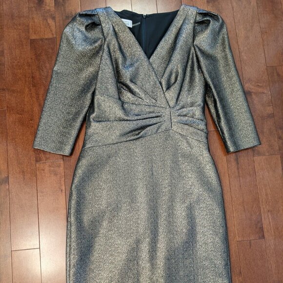 Rickie Freeman Teri Jon women's gold puff sleeve dress in size 8 - Picture 1 of 8